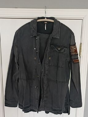 Free People Herringbone Charcoal Gray Jacket with Gold Accent